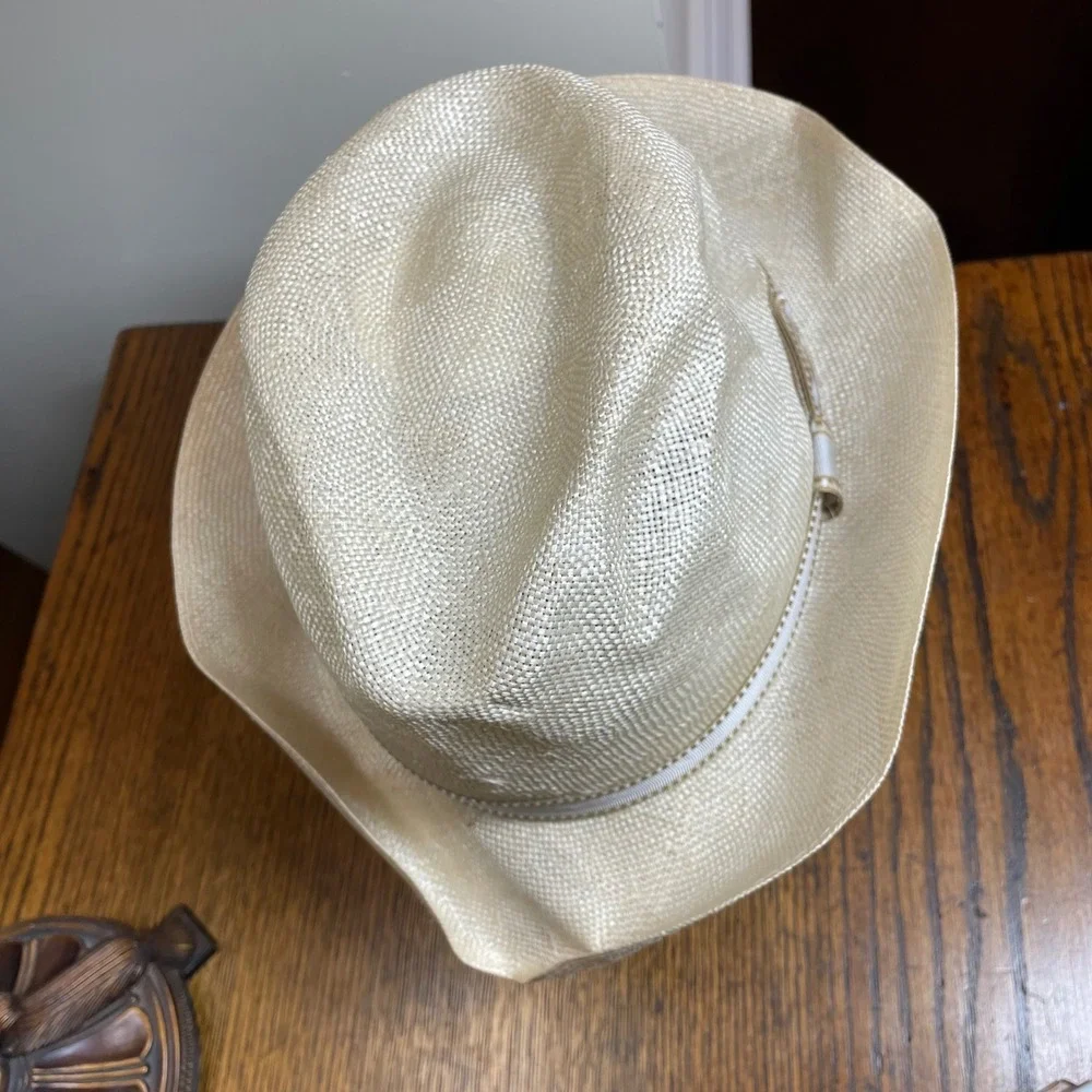 Stetson Straw Fedora Hat Cream Off White Woven Panama Style Size 7 5/8 61cm Luxe - Picture 9 of 15